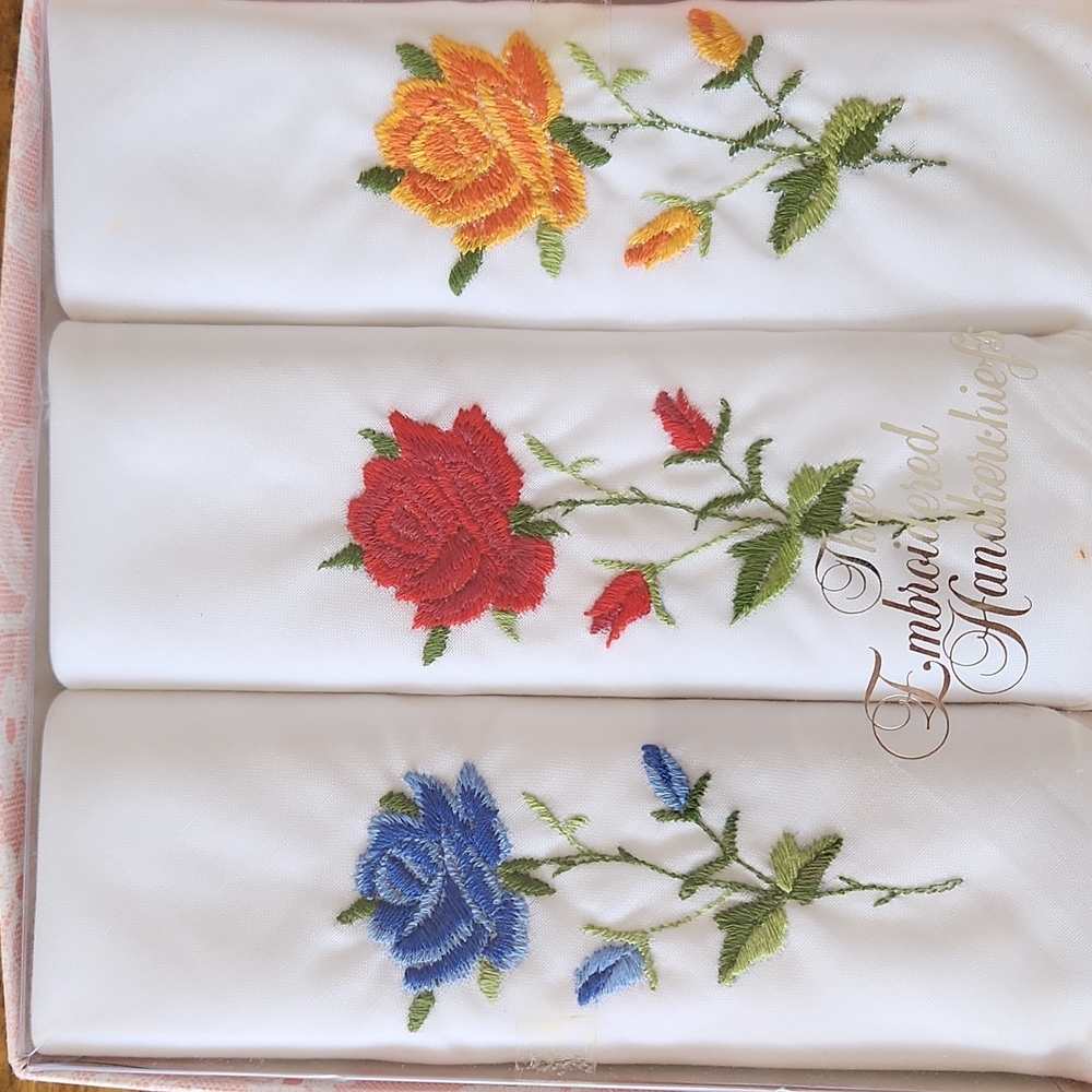 Three NOS Ladies Embroidered Hankerchiefs